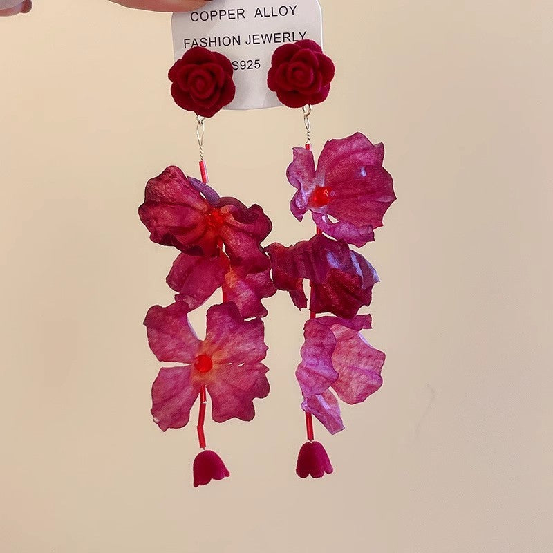 Fabric Roses Long Fashion Earrings