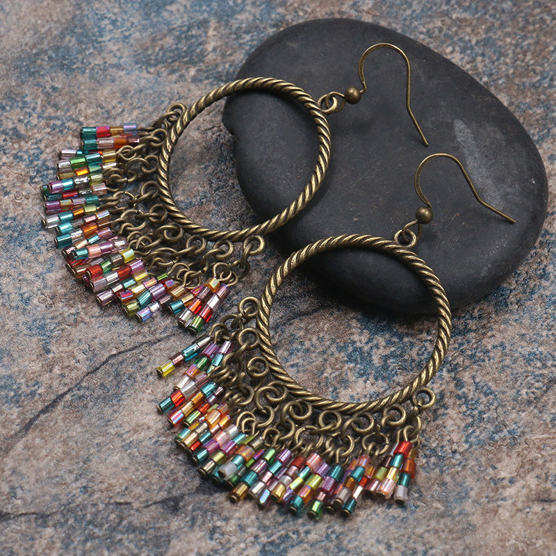 Bohemian New Hand-woven Colorful Bead Tassel Earrings
