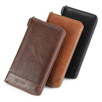 Cartera de piel de vaca de primera capa para hombre, gran capacidad, multifuncional