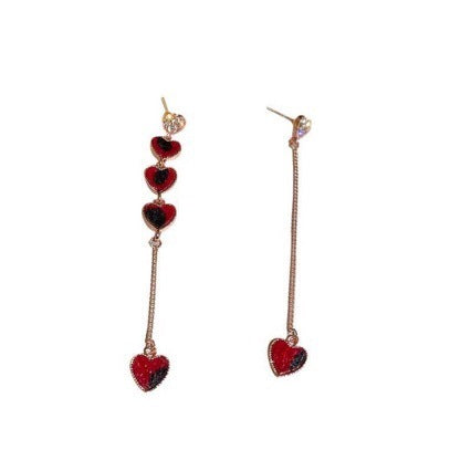 Silver Needle Asymmetric Diamond Love Chain Earrings