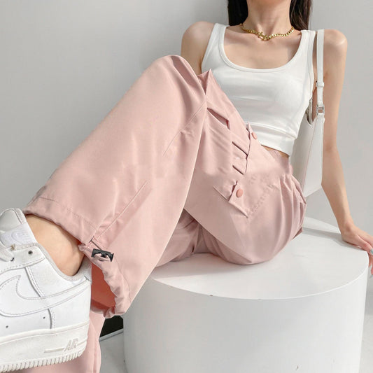 Low-waisted Drawstring Three-dimensional Pocket Work Pants For Women