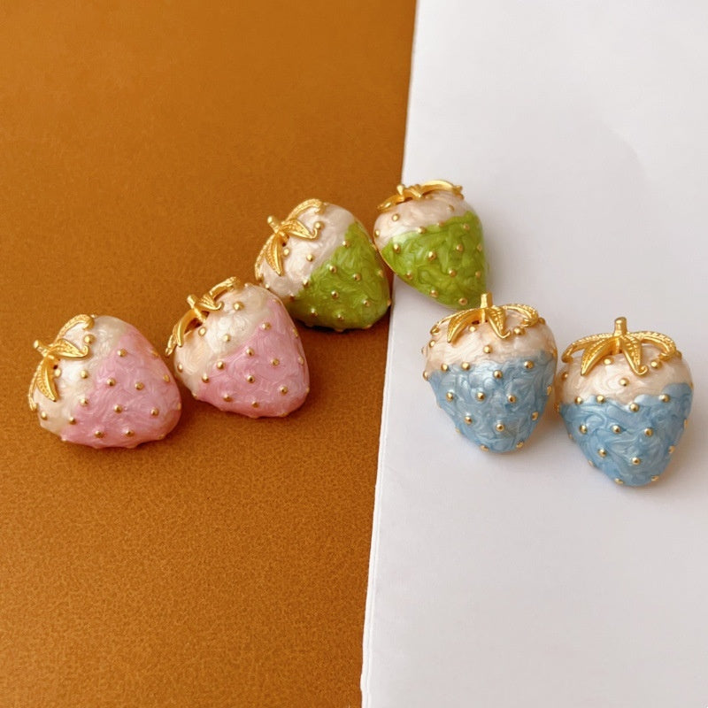 Vintage Western Style White Enamel Glaze Strawberry Silver Stud Earrings