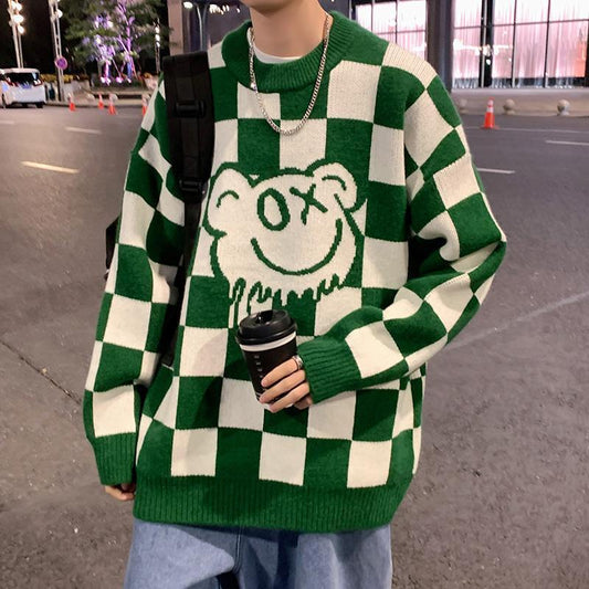 Autumn And Winter Loose Chessboard Round Neck Sweater Male