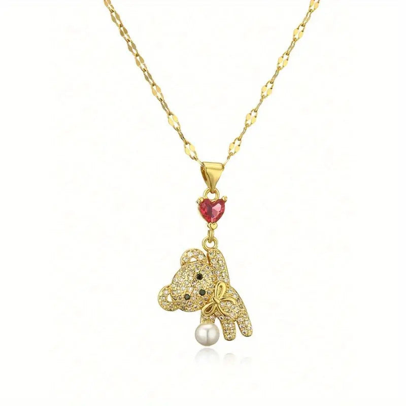 Collar de perlas y oso con globo de amor y micro incrustaciones de circonita