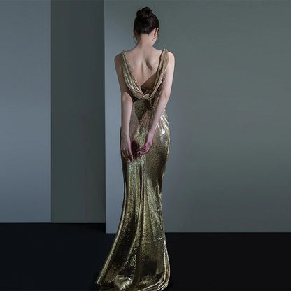 Vestido de noche de cola de pez para mujer, elegante, con lentejuelas, para reunión anual, sexy, sin espalda