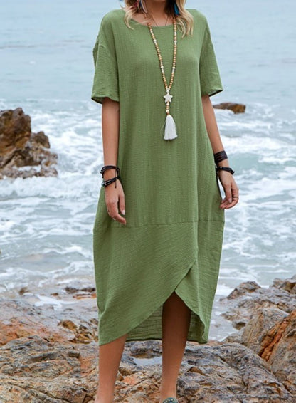 Vestido largo holgado informal de verano con bolsillos y cuello alto para mujer, estilo retro