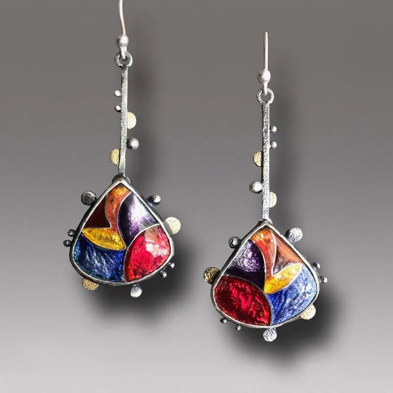 Newandy Colorful Flower Pattern Drop Earrings Ladies Creative
