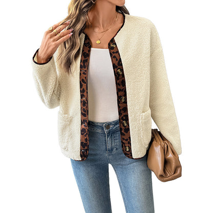 Strickjacke mit Leopardenmuster und Kontrastfarben an den Seiten für Damen, dicke Polarfleecejacke