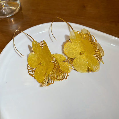 Pendientes colgantes de flores de tela con aguja de plata para mujer