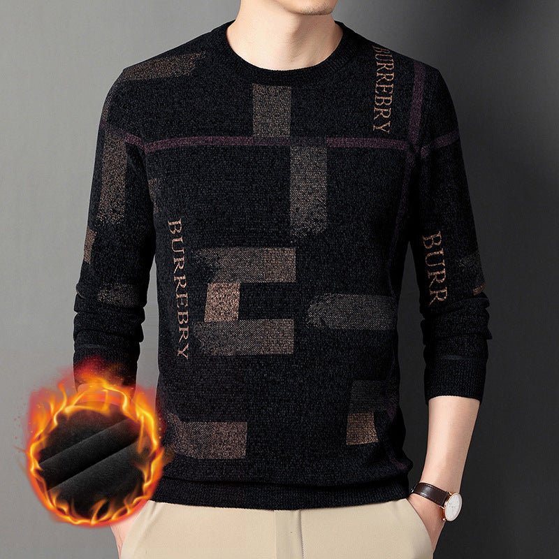 Suéter de chenilla tejido para hombre, nuevo estilo, cuello redondo, felpa