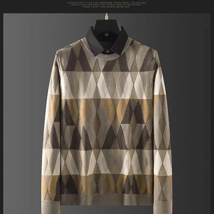 Camisa cálida de dos piezas para hombre con diseño de celosía de diamantes de colores contrastantes