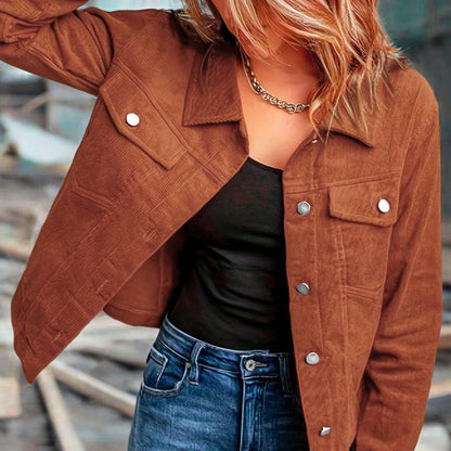 Chaqueta de pana de manga larga para mujer: abrigo informal con botones y bolsillos con solapa