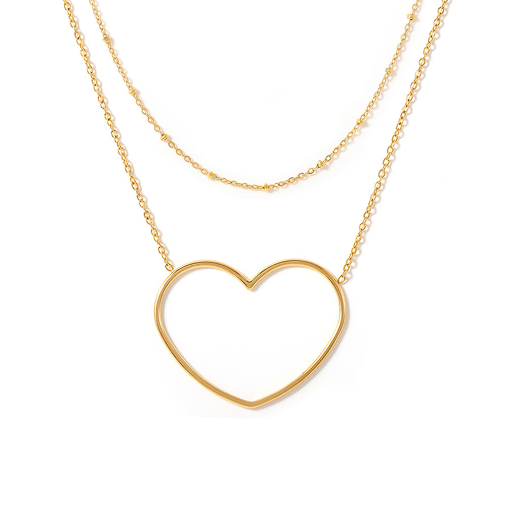 European And American Hollow Love Twin Clavicle Chain Stainless Steel Plated 18K Gold Necklace