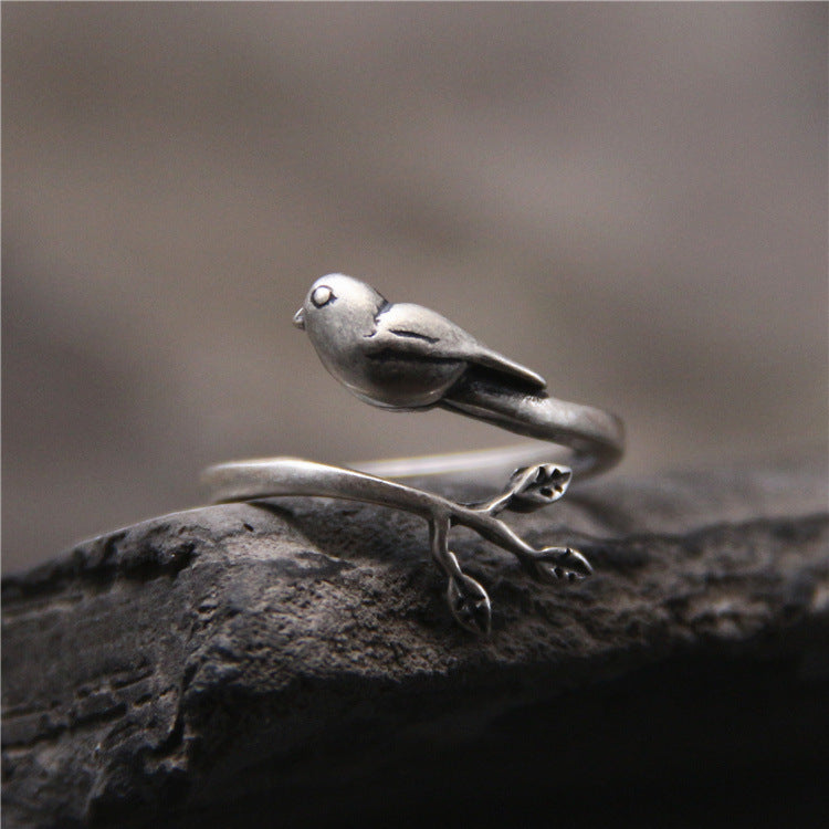 Artistic Vintage Thai Silver Bird Leaves S925 Sterling Silver Ring