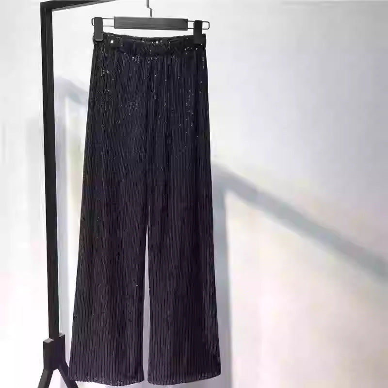 Silver White Sequins Drooping Wide Leg Pants Women