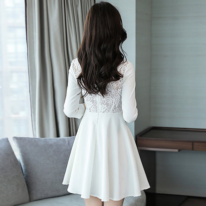 Vestidos Color Puro Cuello en V Cintura Media Cremallera Coreana En Forma de A Falda Primavera Manga Larga Falda Encaje A