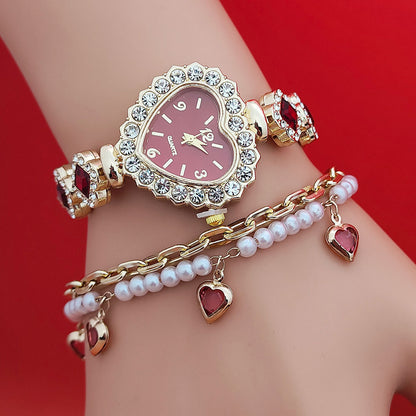 Conjunto de reloj y pulsera de moda con forma de corazón de diamantes de cuarzo, conjunto de joyería de moda para mujer, regalo de San Valentín