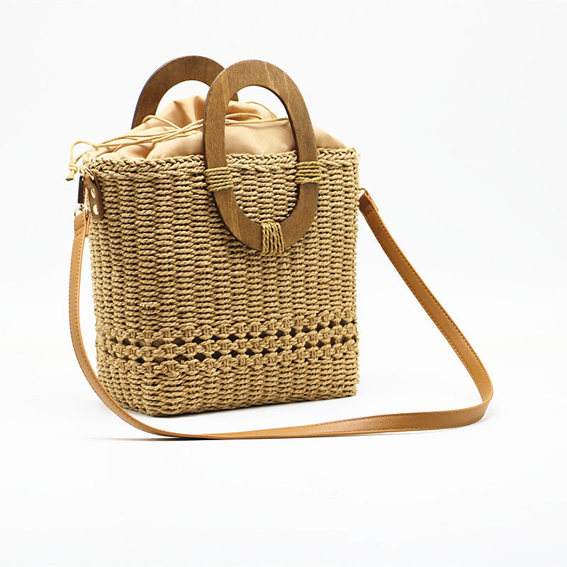 Bolso de mano tejido con un solo hombro para mujer, hecho de papel hueco con hierba