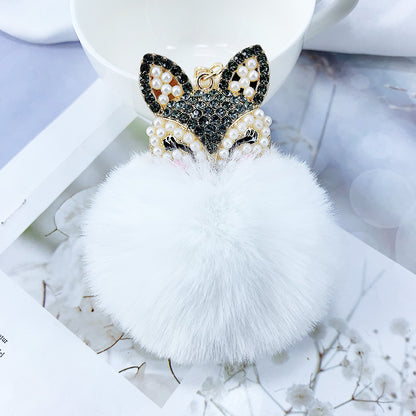 Llavero con colgante de bola de pelo de zorro con diamantes de imitación y perlas de aleación