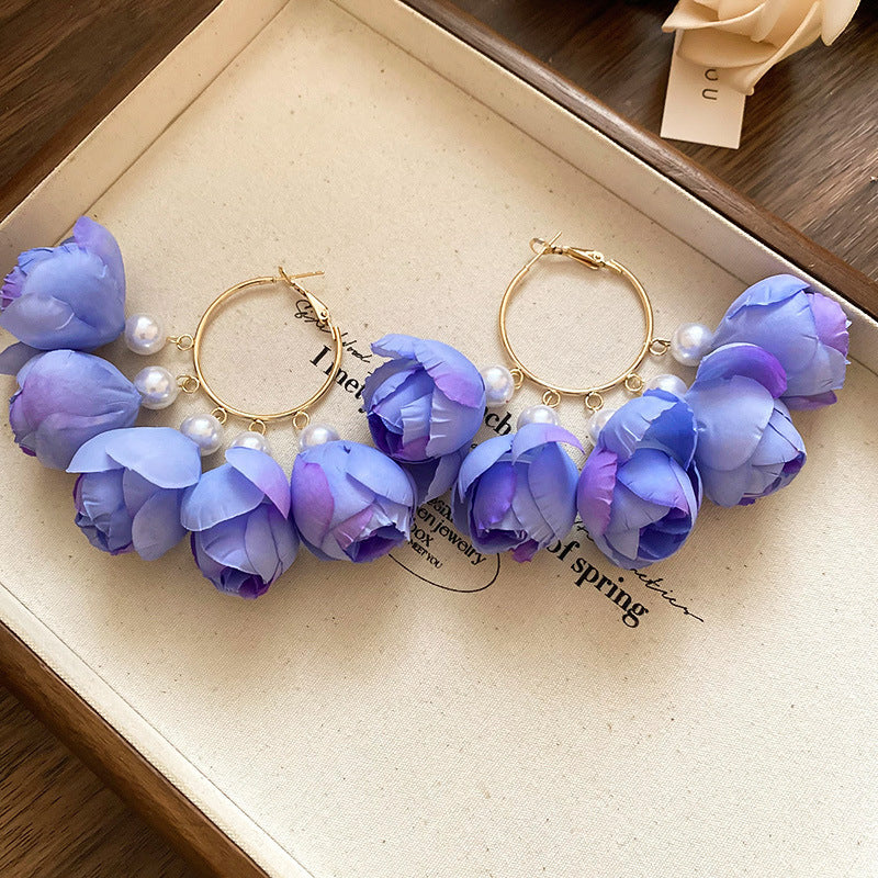 Silver Needle Fabric Flower Pendant Earrings For Women