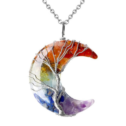 Collar de cristal con alambre de cobre y metal con árbol de la suerte y piedra sinuosa
