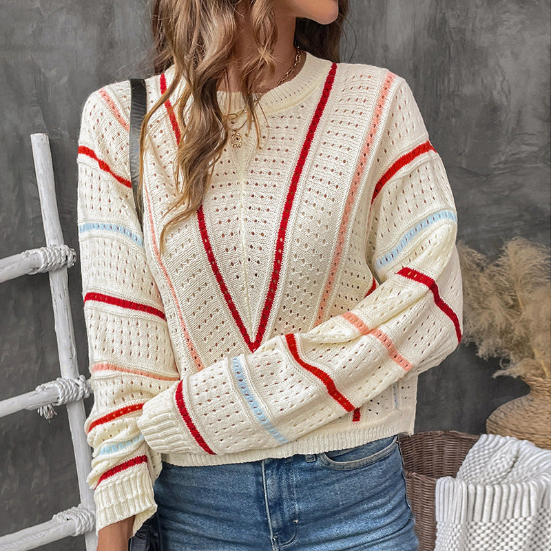 Asian Knitwear V-stripe Pattern Hollow Out Sweater