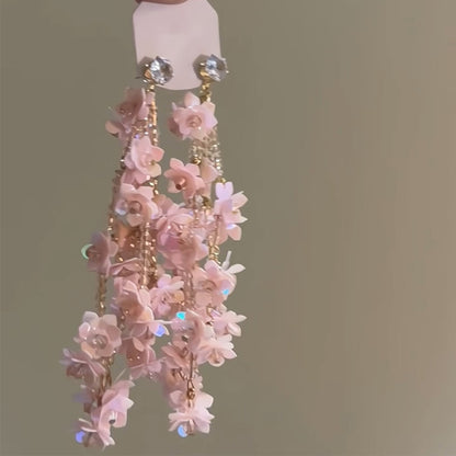 Pendientes colgantes de flores de tela con aguja de plata para mujer