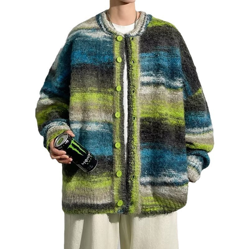 Contrast Color Sweater Hong Kong Style Trendy Baggy Coat Men's And Women's Fashion Casual Knitted Cardigan Top