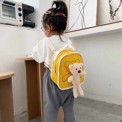 Niedlicher Mini-Kindergartenrucksack aus Segeltuch mit Bärenpuppe