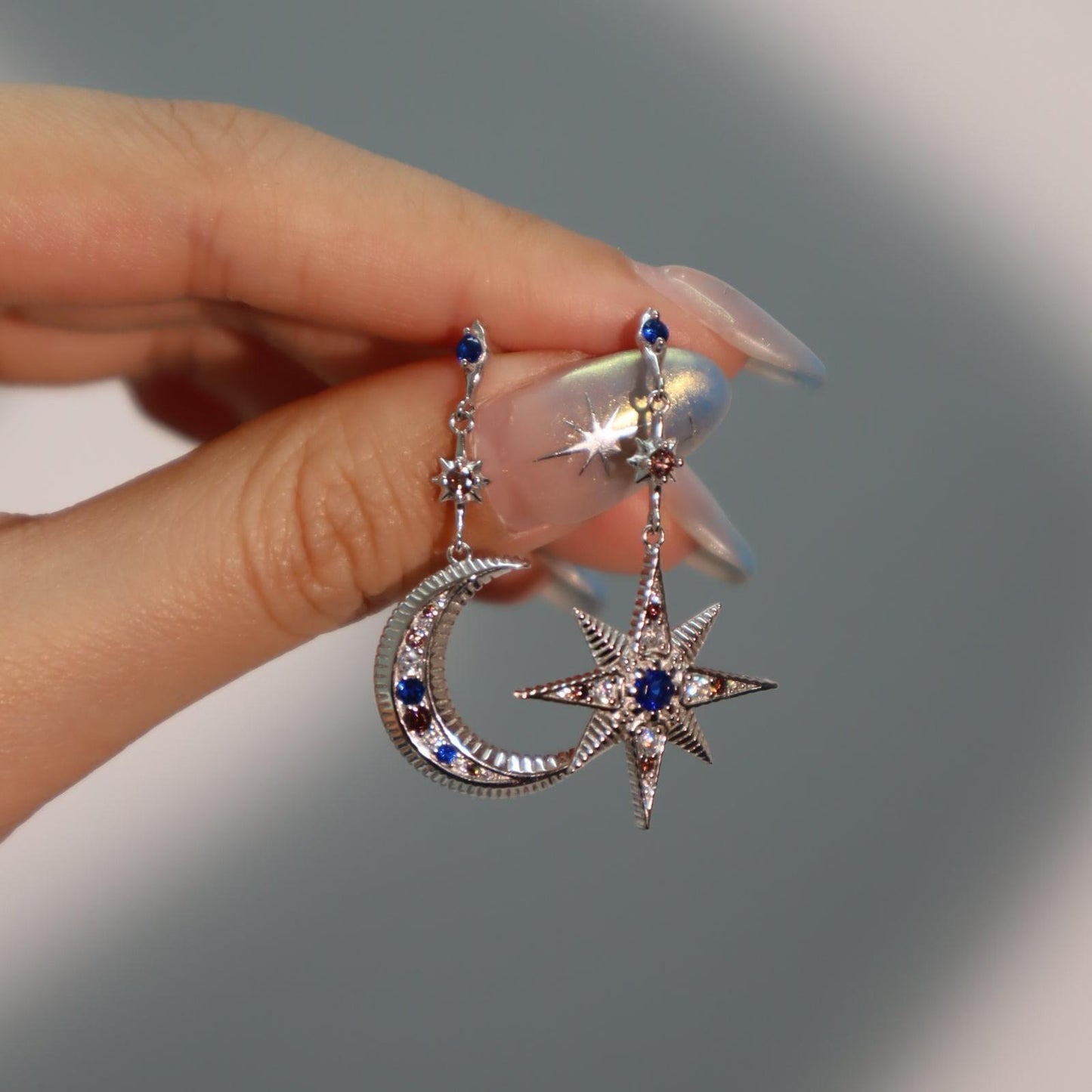 Star Moon Asymmetric Color Zircon Star And Moon Stud Earring