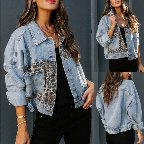 New Leopard Print Fashion Print Patchwork Ripped Denim Top Casual Jacket