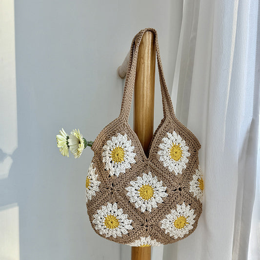 Elegante bolso de hombro para mujer tejido con flores