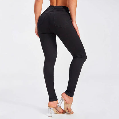 Mid Waist Slim Fit Stretch Black Skinny Tappered Pants Jeans Stretch
