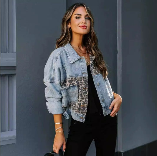 New Leopard Print Fashion Print Patchwork Ripped Denim Top Casual Jacket