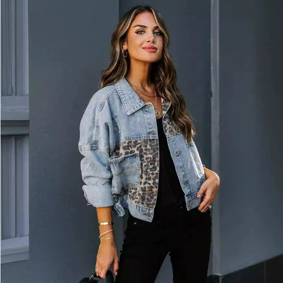 New Leopard Print Fashion Print Patchwork Ripped Denim Top Casual Jacket
