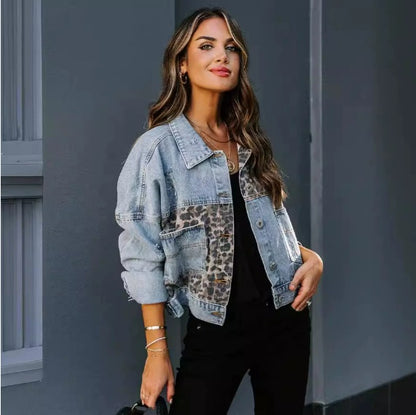 Nueva chaqueta informal de mezclilla rasgada con estampado de leopardo y patchwork