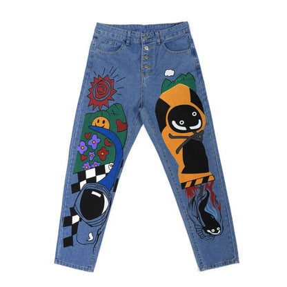 Damen Jeans mit Cartoon-Print, Haremshose, Hose für Damen