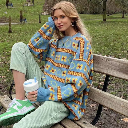 Suéter vintage de manga larga para mujer con rayas de punto