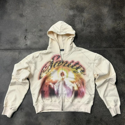 Sudadera con capucha y cremallera negra estampada XINGX de hip-hop callejero para mujer