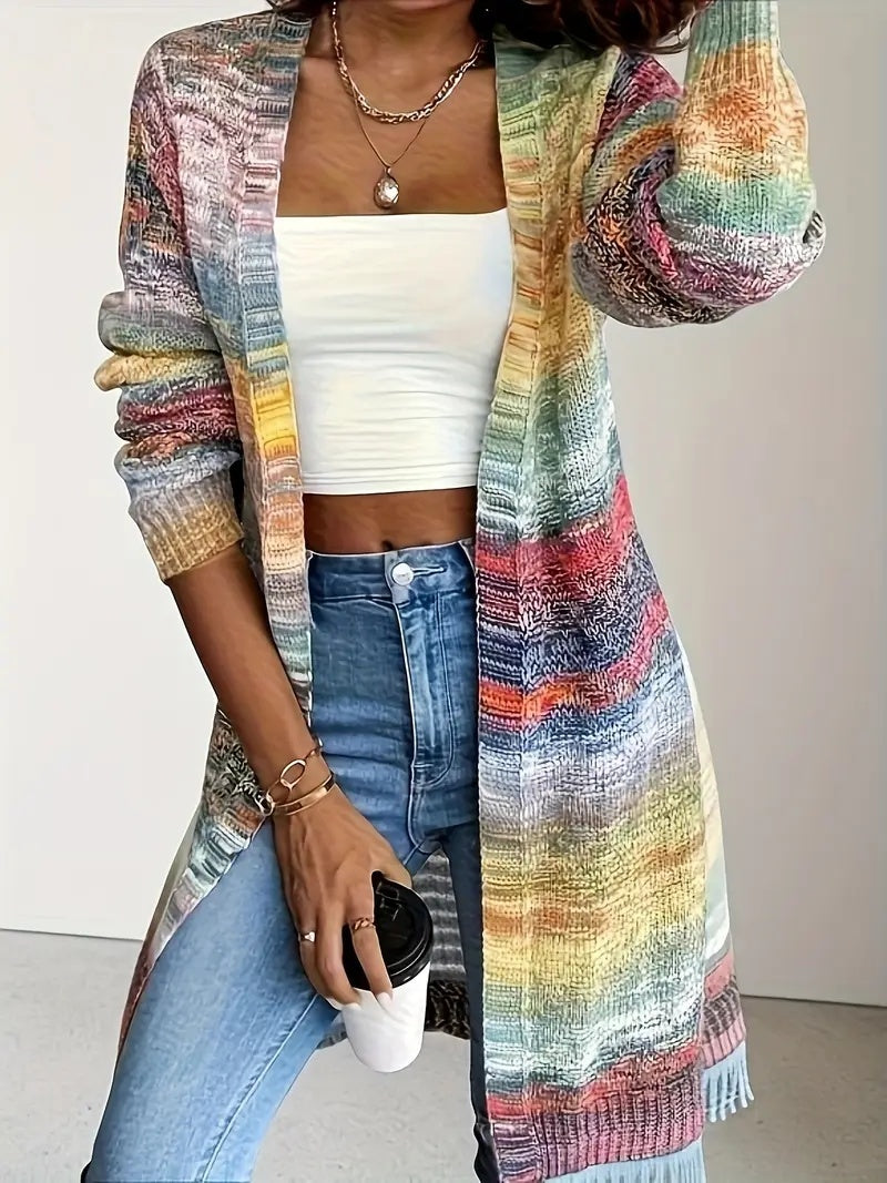 Ladies' Soft Acrylic Gradient Color Block Cardigan