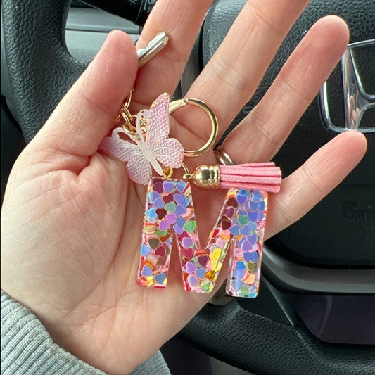 Fashion Letter Love Heart Sequins Butterfly Tassel Keychain