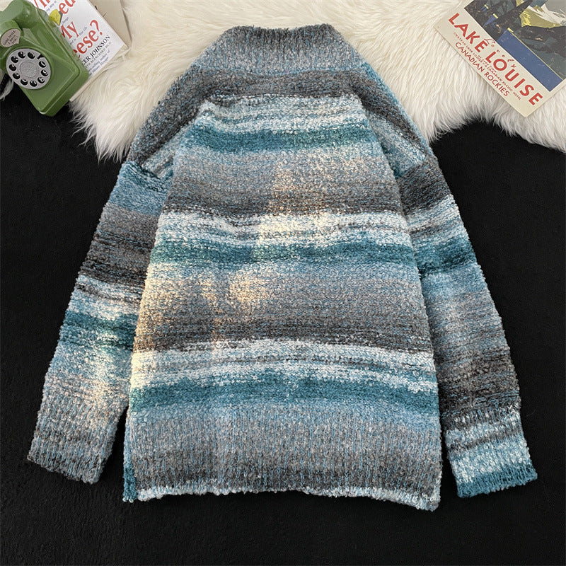 Blue Gradient Cardigan Sweater Men's Loose