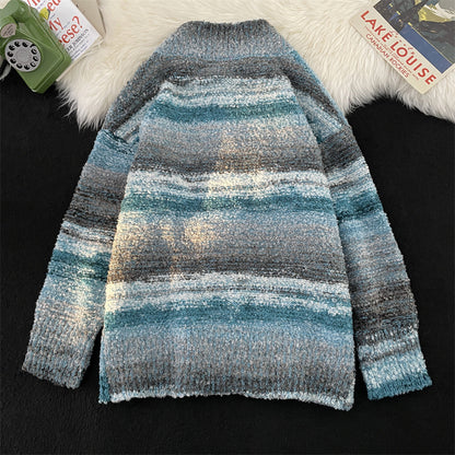 Blue Gradient Cardigan Sweater Men's Loose