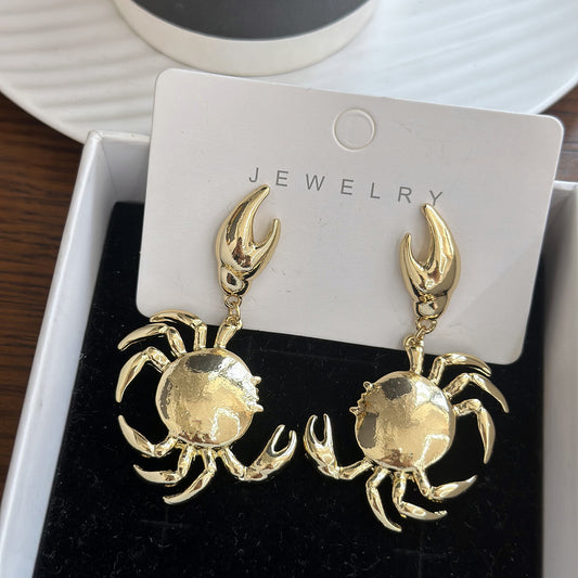 Marine Life Metal Texture Golden Crab Earrings