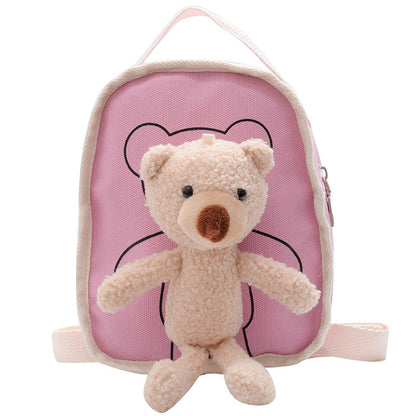 Niedlicher Mini-Kindergartenrucksack aus Segeltuch mit Bärenpuppe