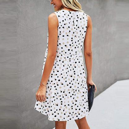 Vestido corto informal de verano con estampado de lunares, sin mangas, holgado y con bolsillo para mujer