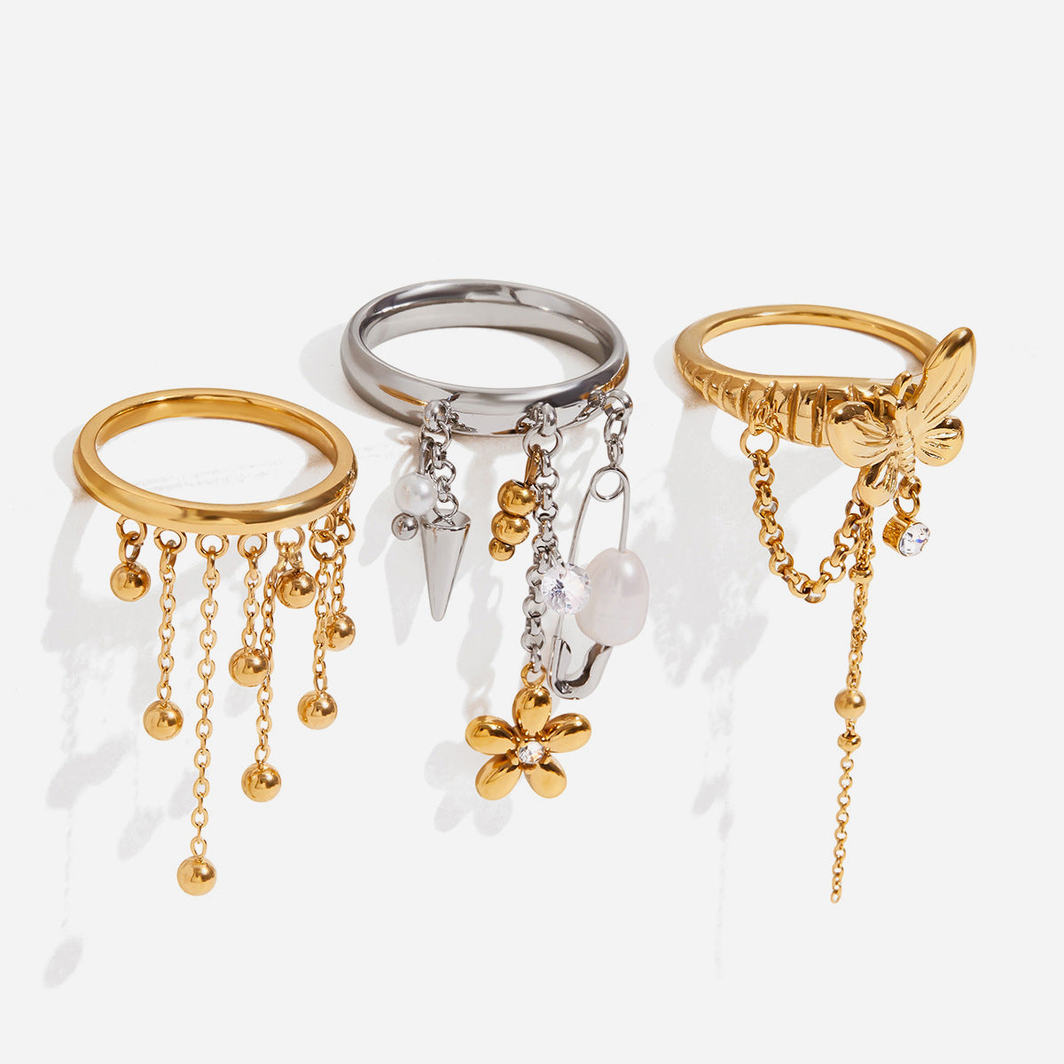 Design Sweet 18K Gold Handmade Steel Ball Tassel Stainless Steel Ring