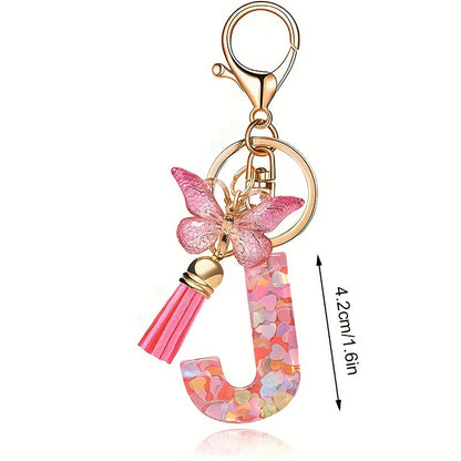 Llavero con borla de mariposa, lentejuelas y corazón con letras de amor