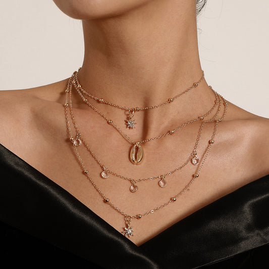 Women's Diamond Six-pointed Star Pendant Necklace Multi-layer