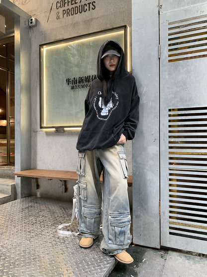 Street Work Design Jeans Pocket Stitching Weite Beinhose Damen